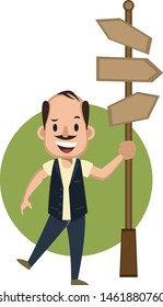 Man with road sign, illustration, vector on white background.
