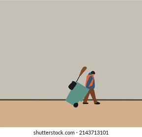 Man road sweeper cleaning working keep garbage and push garbage cart at the road. Environment protection. Vector illustration.