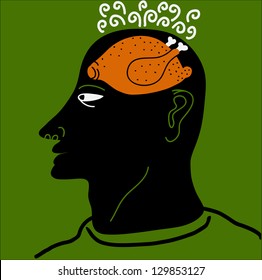 man with roasted chicken inside head