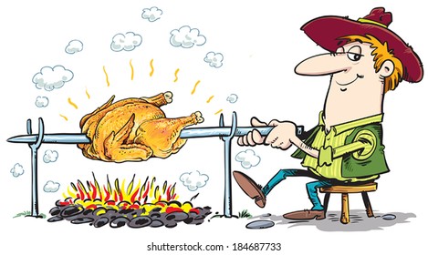 Man roasting chicken on the grill