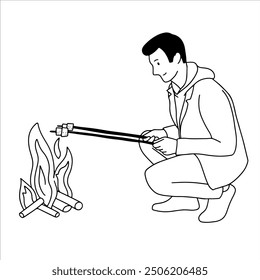 Man roasting marshmallows at camp handdrawn illustration