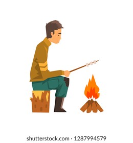 Man Roasting Marshmallows On Campfire, Hiking Adventure Travel, Backpacking Trip Or Expedition Vector Illustration