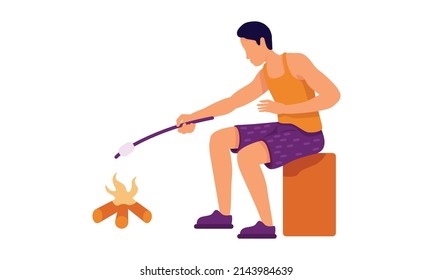 Man roasting marshmallows over fire semi flat color vector character. Campfire. Sitting figure. Full body person on white. Simple cartoon style illustration for web graphic design and animation