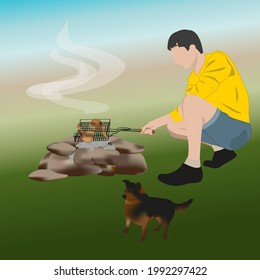   Un hombre asando carne en un incendio en la naturaleza. Hora de barbacoa. Hombre con barbacoa. Picnic. Recreo al aire libre y naturaleza silvestre, barbacoa, actividades de verano, comida asada, fin de semana