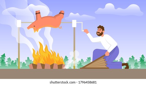 Man roasts a whole pig over a bonfire. Cartoon vector illustration.