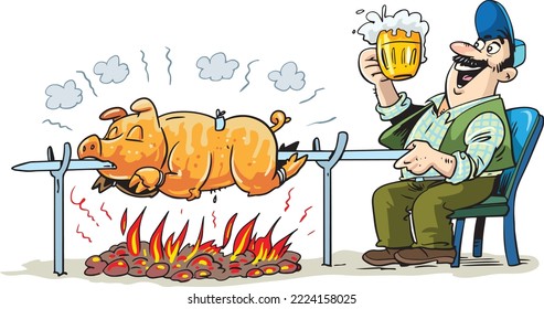 Man roasts a whole pig over a fire. Cartoon vector illustration.