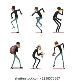 Man Robber Characters or Thief Dressed in Black Clothing and Mask Committing Crime Vector Set