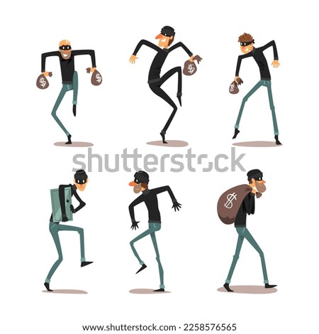 Man Robber Characters or Thief Dressed in Black Clothing and Mask Committing Crime Vector Set