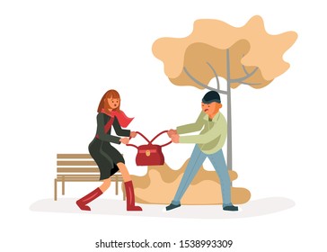 Man robber snatching a bag from an young woman walking alone. Girl resists thief. Crime concept. Flat Art Vector illustration