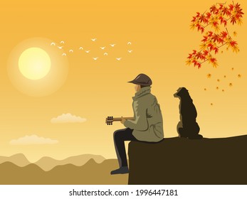 A man in a robe is playing an acoustic guitar with a dog sitting on a high cliff. with mountains and sunset in the background