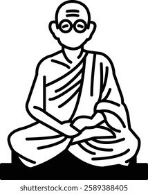 A man in a robe sits cross legged on a stone slab. He is wearing glasses and has a beard