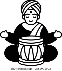 A man in a robe is sitting cross legged with a drum in front of him