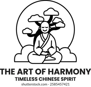 A man in a robe is sitting in a lotus position in the style of sign illustrations