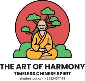 A man in a robe is sitting in a lotus position in the style of sign illustrations