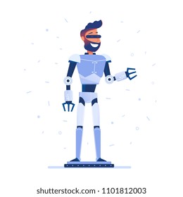 A man with robot body in VR headset. Futuristic concept of virtual reality, robotization, automatization, exoskeleton, digital technologies. Vector flat design illustration.