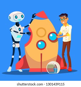 Man And Robot Are Building A Rocket Together Vector. Isolated Illustration