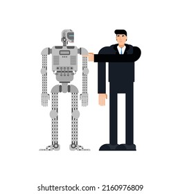 Hombre y robot. Empresario y ciborg. Robot reemplazará a los humanos.