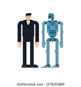 Man and robot. Businessman and cyborg. Robot will replace human.