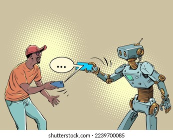 man and robot communicate in a messenger on the phone. Pop art retro vector illustration 50s 60s vintage kitsch style
