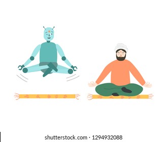 Man Robot Do Yoga Together Character Stock Vector Royalty Free