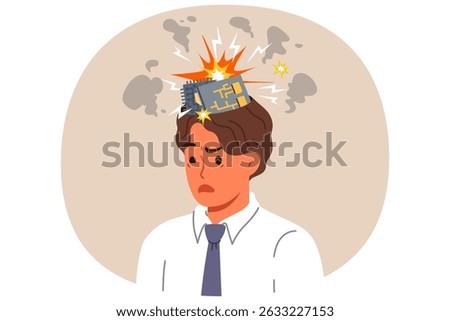 Man robot with exploding computer boards in head due to overload with work tasks. Bionic robot with damaged PCB instead of brain needs repair or replacement of components with new ones