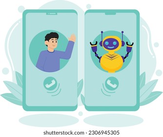 Un hombre y un robot se saludan entre sí a través de una función móvil en la ilustración de inteligencia artificial