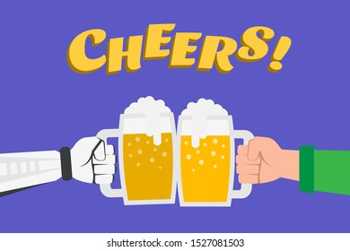 man and robot  hands with beer mugs clinking  cheers .human and artificial intelligence  friendship concept