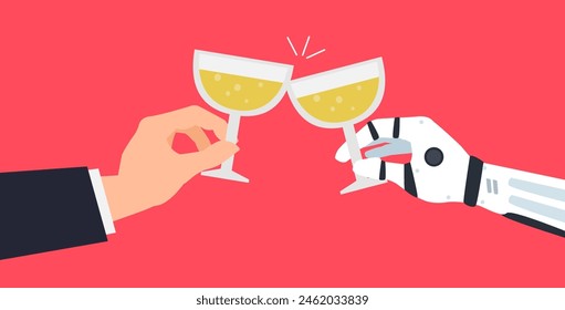 hombre y robot manos gafas de tintineo   Ilustración vectorial de fiesta con celebración de vítores con alcohol