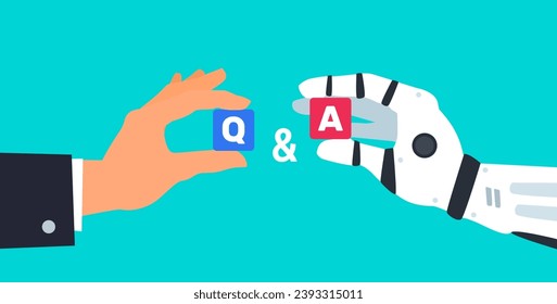 man and robot hands with q and a blocks question and answer artificial intelligence concept vector illustration