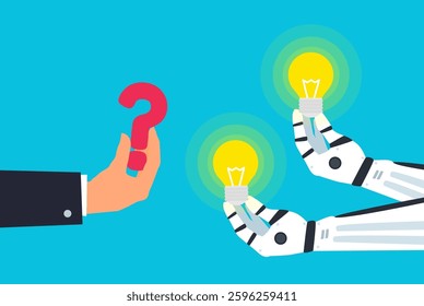 man and robot hands with  question mark and light bulbs ai help  idea  concept vector illustration