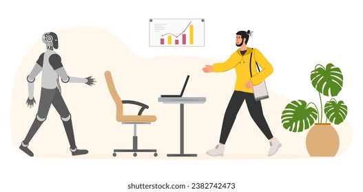 Hombre y robot levantan sus manos entre ellos para saludar. Interacción. Gente. Cooperación, trabajo conjunto. Inteligencia artificial Colaboración Amistad Trabajo en equipo Vector ilustración