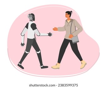 Man and robot hold out their hands to each other to greet. Interaction. People. Cooperation, joint work. Artificial intelligence Collaboration Friendship Teamwork Vector illustration