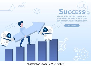 Man and robot holding an arrow pointing up. Humans and robots do business together. And arrows can symbolize growth or progress. Vector illustration.
