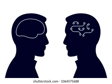 
man and robot interaction, a person profile in front of a cyborg, a simple silhouette
