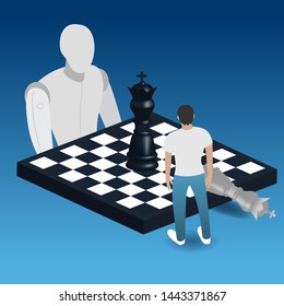 A man and a robot play chess.Robot influence future concept illustration.