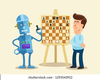 Man and robot playing chess. Human vs artificial intelligence concept. Cartoon, flat vector illustration.