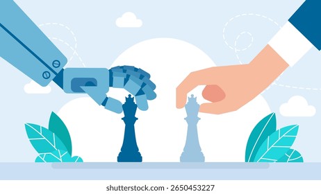 Man and robot playing chess. Robot and human playing chess. Artificial intelligence and people rivalry. AI technology. Hands moving figures at chessboard. Rook and pawn pieces. Vector illustration