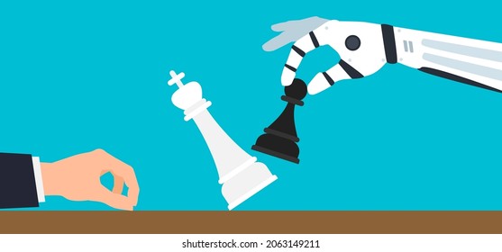 man and robot playing chess robotic hand with pawn figure knocking king  checkmate vector illustration