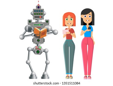 Homem e robô estão lendo livros. O robô prefere livros antigos em papel. Ilustração vetorial.
