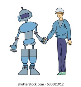 The man and the robot shake hands. Artificial intelligence, friendship between people and robots. Vector concept illustration, isolated on white background.