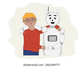 The man and the robot shake hands with each other. Illustration for the design of a master class, mug, robotics lesson on a white background.