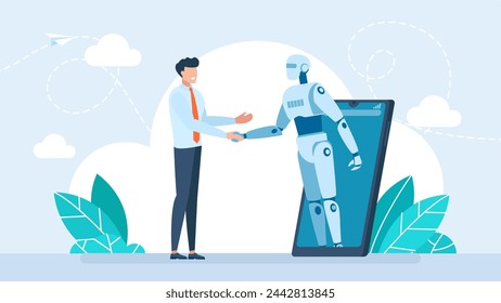 Man and robot shaking hands. Chatbot and man handshaking. Human conversation with robot on smartphone. Artificial intelligence with man chatting with robot. Dialog help service AI. Vector illustration