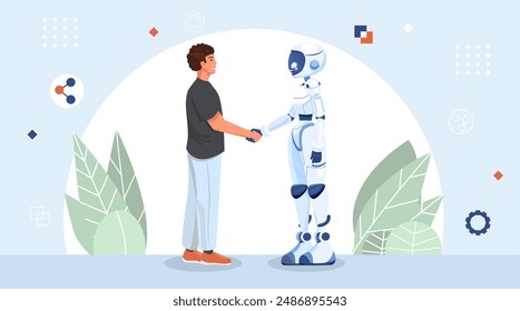 Hombre y robot que se dan la mano crecimiento total Asociación entre muchos robots humanoides Colaboración en línea entre la inteligencia artificial humana Contrato con la máquina del futuro cyborg Inteligencia artificial