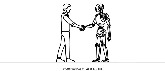 man and robot shaking hands line drawing