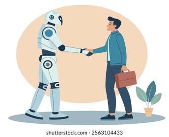 Man and robot shaking hands standing full height. Human AI collaboration concept. Contract with cyborg future machine Artificial intelligence, Flat graphic vector illustrations