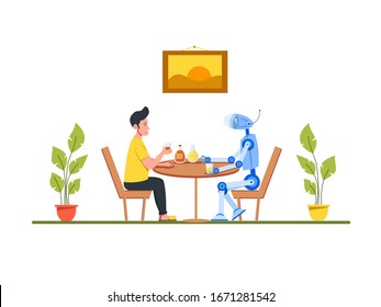 Man and a robot sitting at the dining table and holding alcohol drinks. Front view. Color vector cartoon flat illustration. Concept - people relax, robots work