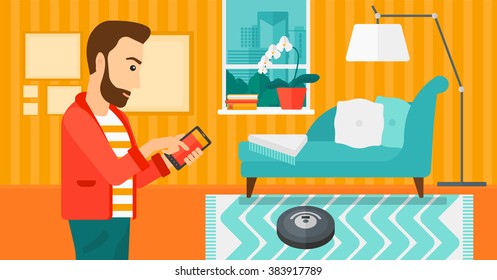 Man with robot vacuum cleaner.