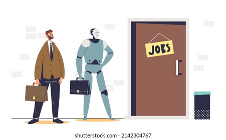 Man and robot waiting for job interview in office. Innovation in human resources in business. Modern recruitment and employment concept. Cartoon flat vector illustration