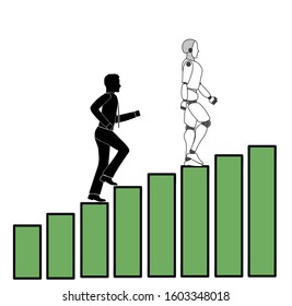 a man and a robot whip to the top of the graph. competition between robot and human. desire for a goal. teamwork. vector illustration.