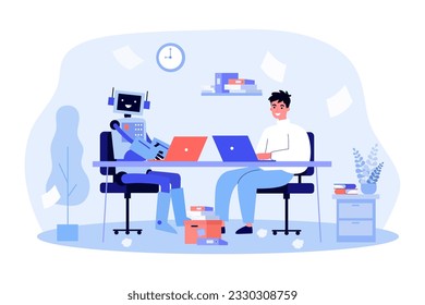 Man and robot writing articles together vector illustration. Happy journalist using AI for editing, copywriting, post verification. Artificial intelligence, smart technology concept